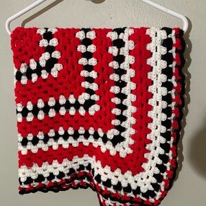 Vintage Handmade Crochet Blanket in Red, Black, and White